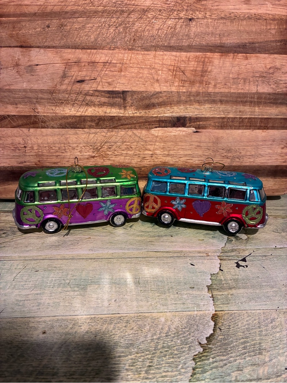 Colorful blown glass VW Hippie Van Ornament set of 2